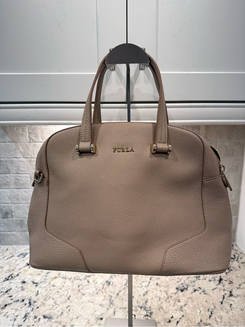 Furla EUC Taupe Pebbled Leather Satchel